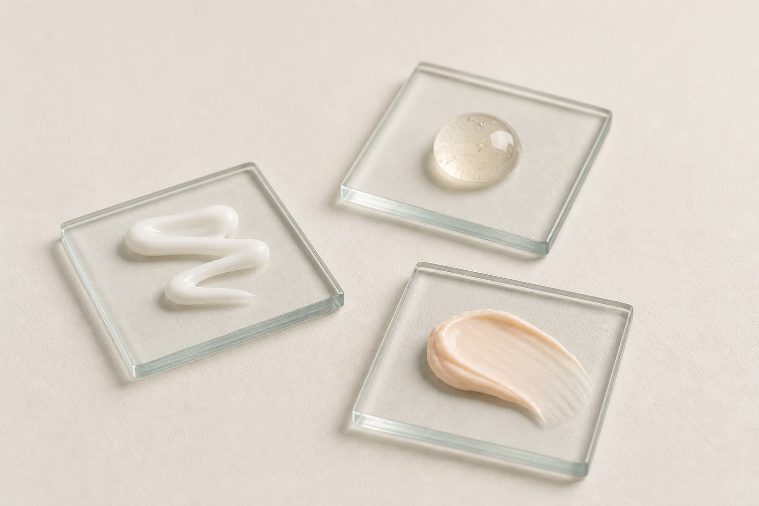 Các kết cấu chống nắng dạng sữa, gel và kem được minh họa trung tính