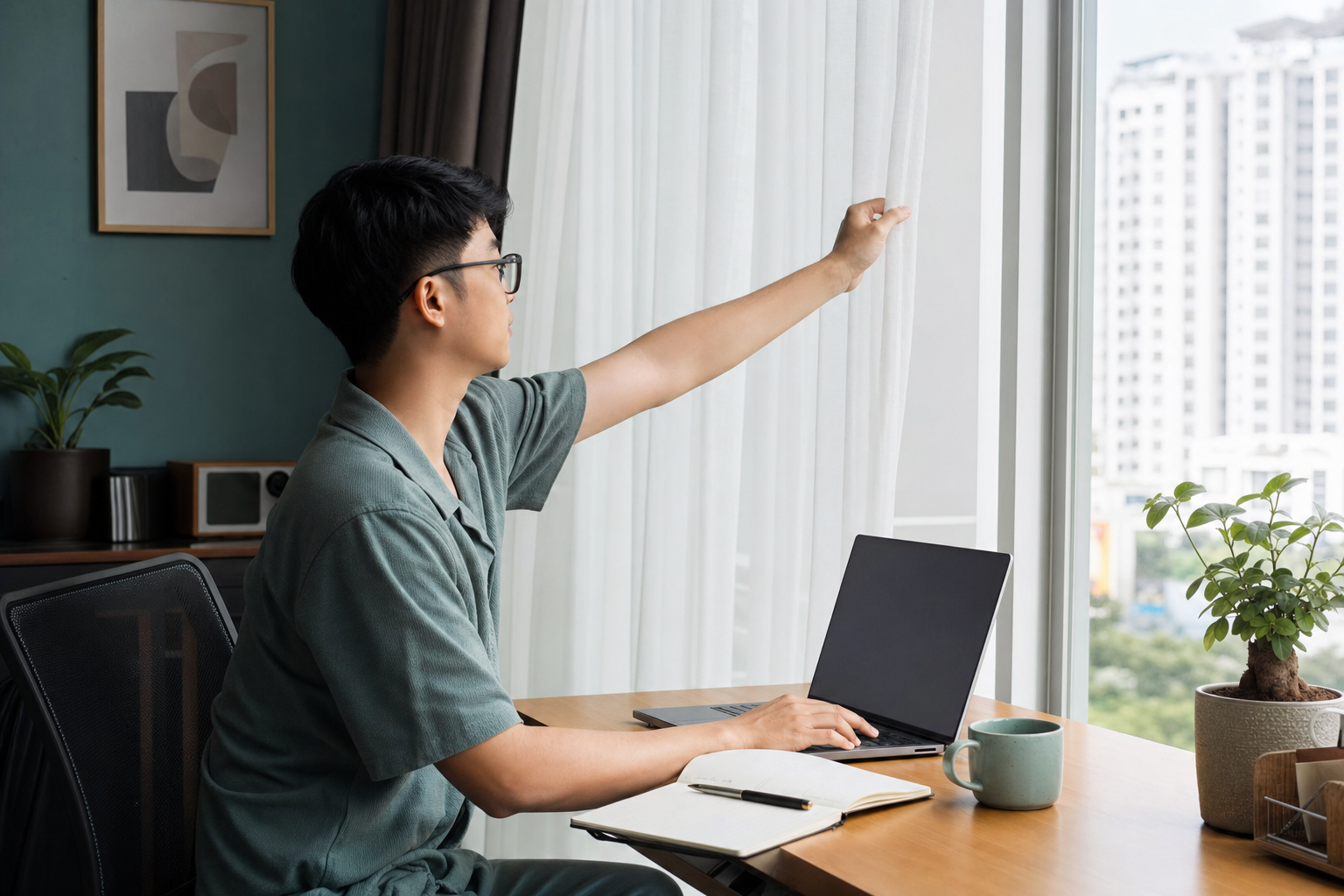 Không gian làm việc cạnh cửa sổ với rèm và thói quen bảo vệ da