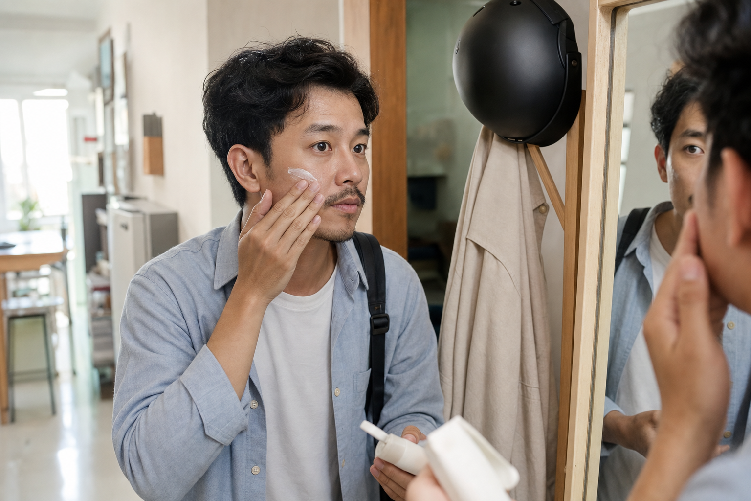 Nam giới Việt Nam chuẩn bị chống nắng trước khi đi làm