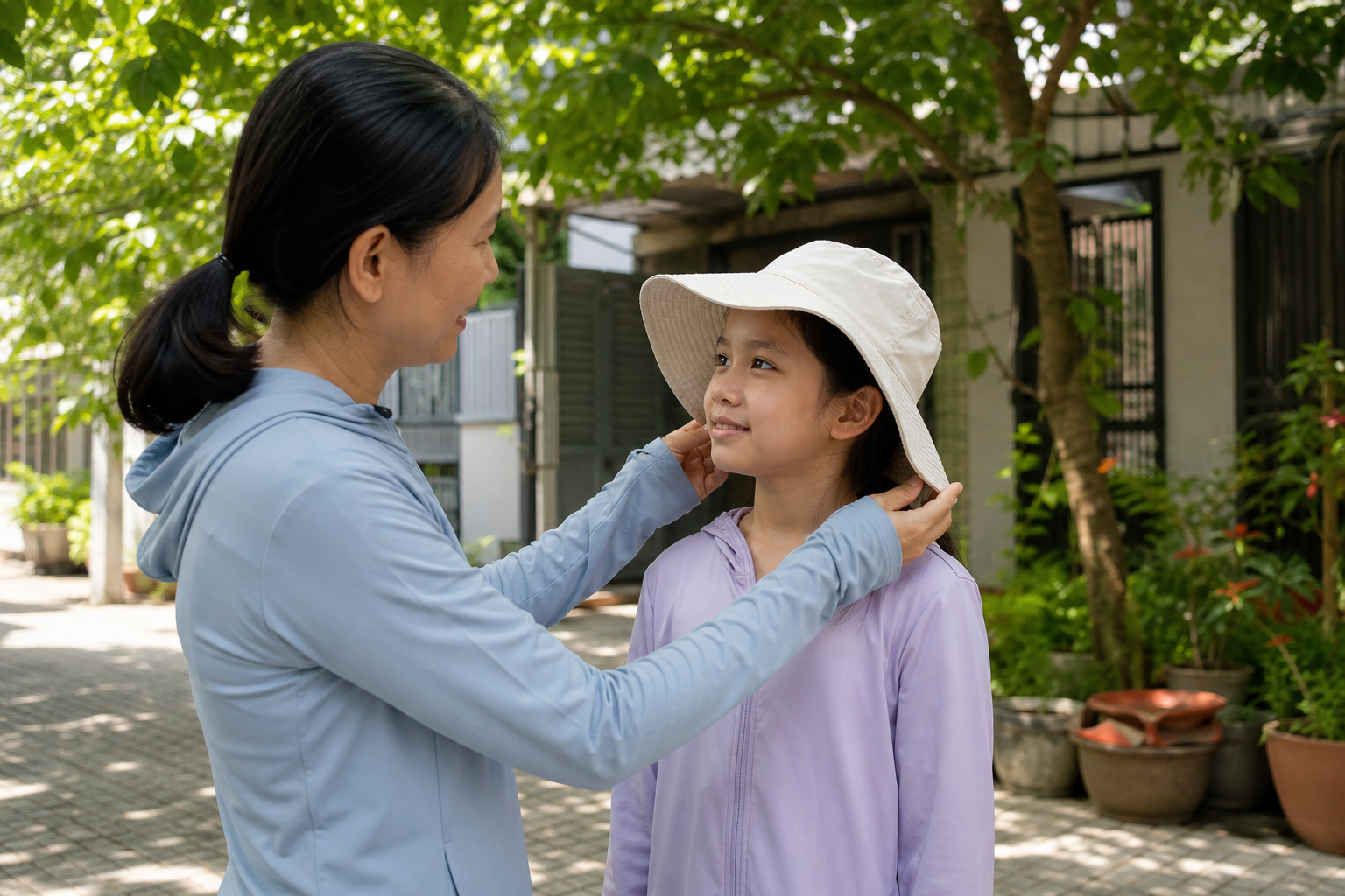 Trẻ em vui chơi dưới bóng râm với mũ và trang phục che chắn